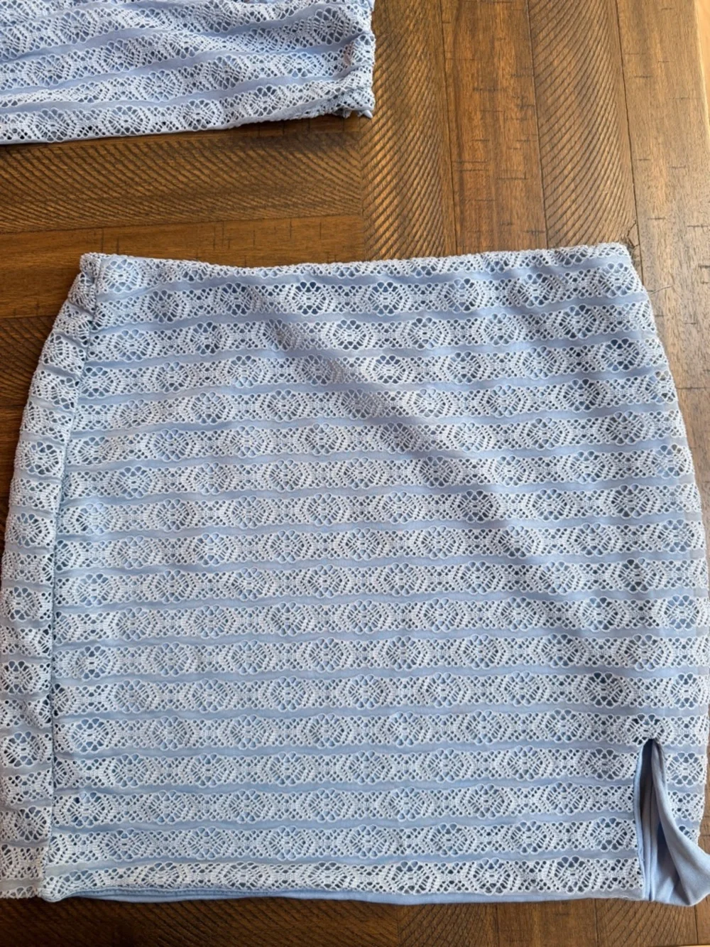 NWT Le Lis Baby Blue Lace Two Piece Set Tie Strap Crop Top Skirt Coquette Size M